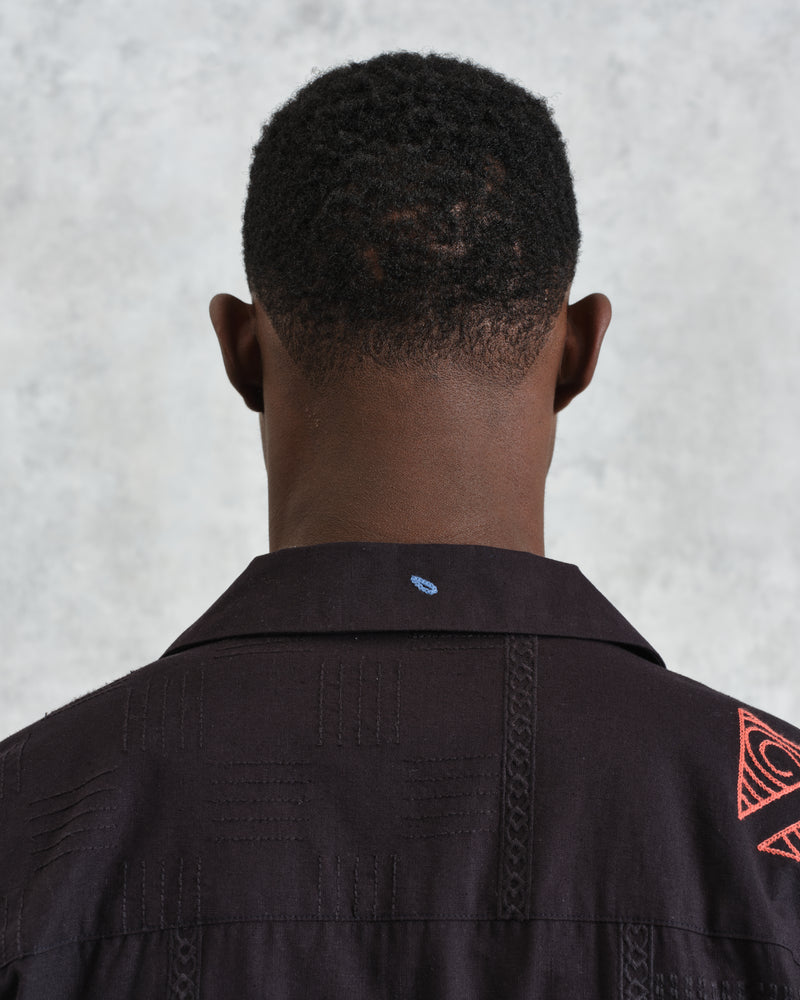 wax london men's Didcot - Navy Doodle Embroidered Short-Sleeve Shirt