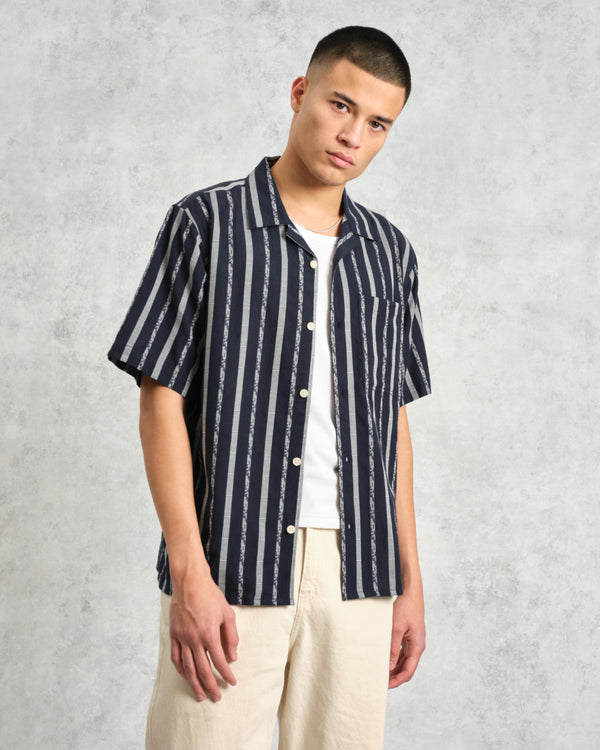 wax london men's Didcot - Navy Fleck Stripe Short-Sleeve Shirt