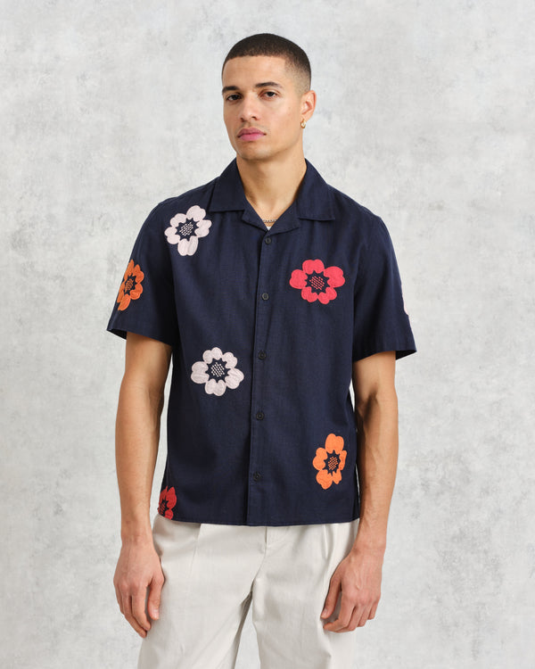 wax london men's Didcot - Navy Floral Appliqué Short-Sleeve Shirt