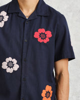 wax london Didcot - Navy Floral Appiqué Short-Sleeve Shirt