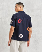 wax london Didcot - Navy Floral Appiqué Short-Sleeve Shirt