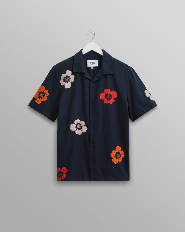 wax london men's Didcot - Navy Floral Appliqué Short-Sleeve Shirt