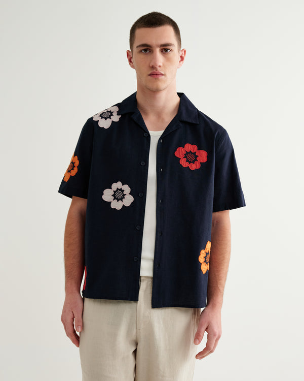 wax london men's Didcot - Navy Floral Applique Short-Sleeve Shirt