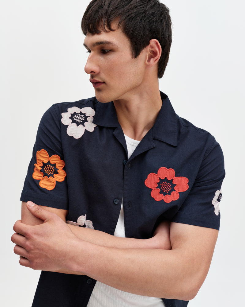 Men's Navy Floral Applique Short-Sleeve Shirt | Wax London