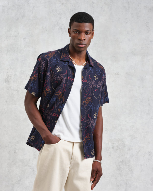 wax london men's Didcot - Navy Hawaiian Embroidered Short-Sleeve Shirt
