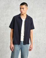 wax london Didcot - Navy Open Weave Short-Sleeve Cotton Shirt