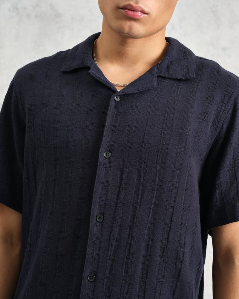 wax london Didcot - Navy Open Weave Short-Sleeve Cotton Shirt