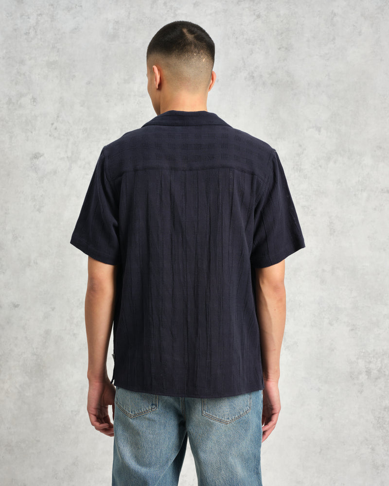 wax london Didcot - Navy Open Weave Short-Sleeve Cotton Shirt