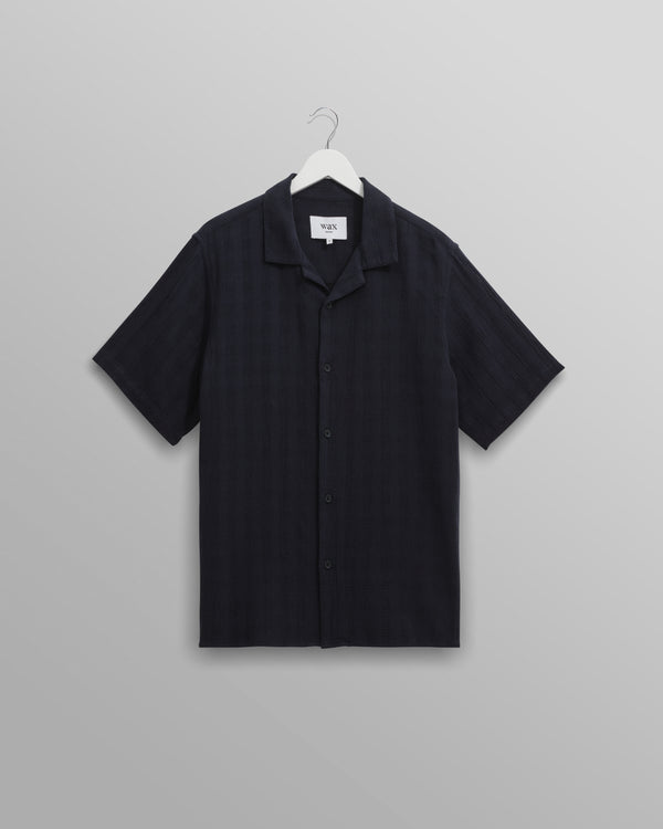 wax london Didcot - Navy Open Weave Short-Sleeve Cotton Shirt