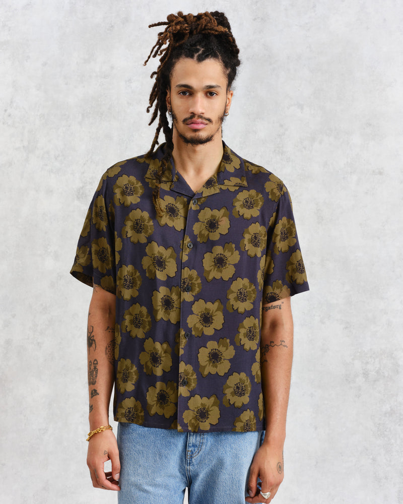 wax london Didcot - Navy Winter Poppy Print Short Sleeve Shirt