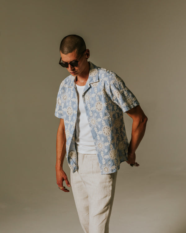 wax london men's Didcot - Pale Blue Intricate Lace Short-Sleeve Shirt