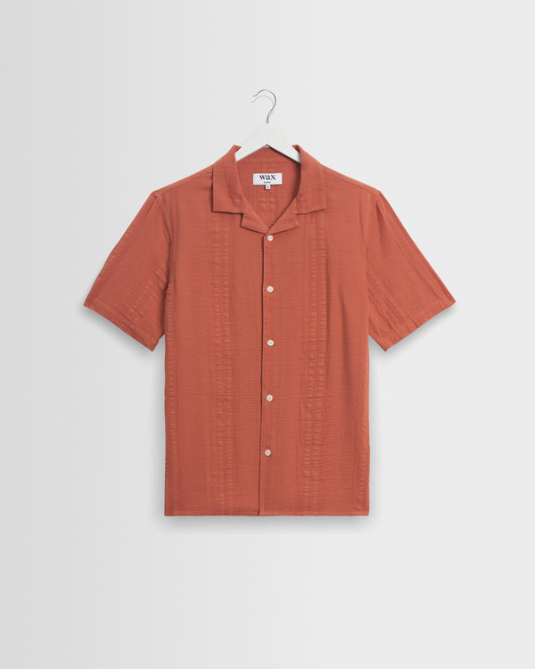 wax london men's Didcot - Rust Double-Weave Seersucker Short-Sleeve Shirt