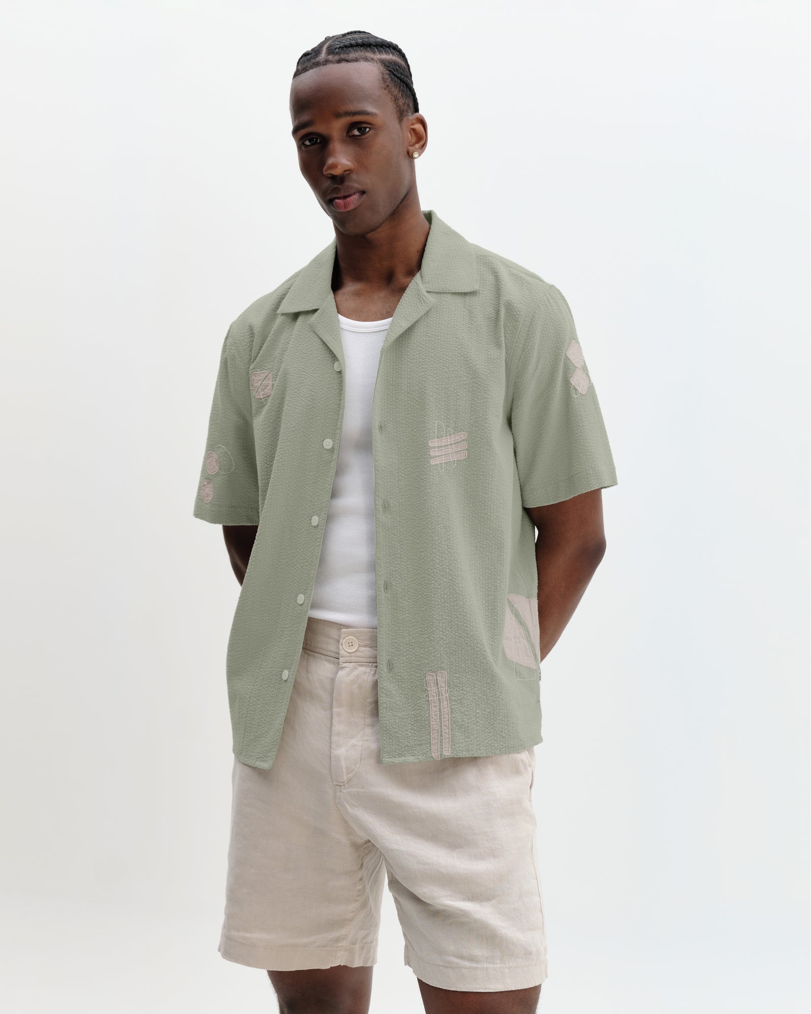 Men's Sage And Ecru Applique Short-Sleeve Shirt | Wax London