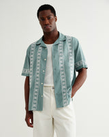 wax london men's Didcot - Sea Green And Ecru Embroidered Short-Sleeve Shirt