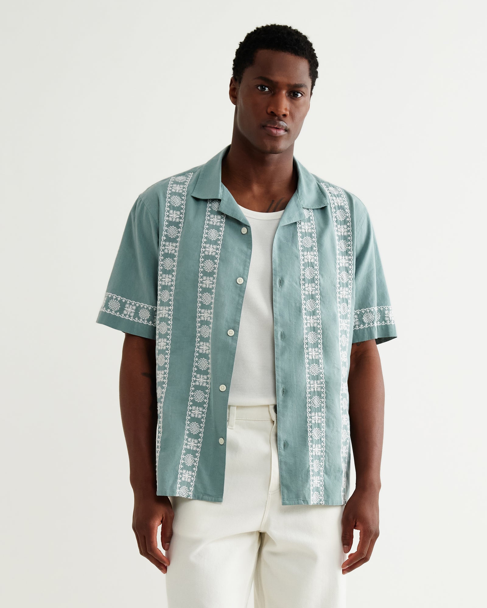Men's Green And Ecru Embroidered Short-Sleeve Shirt | Wax London