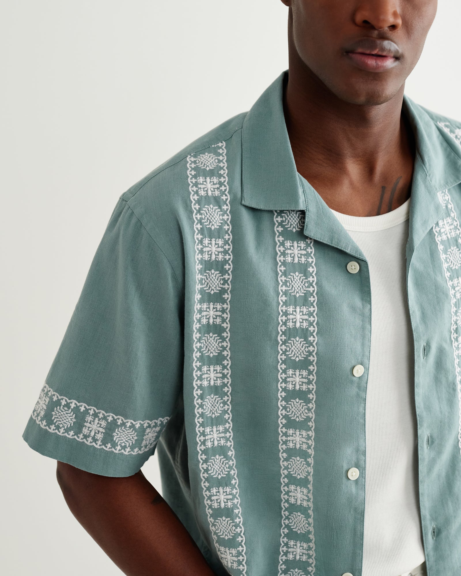 Men's Green And Ecru Embroidered Short-Sleeve Shirt | Wax London