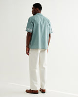 wax london men's Didcot - Sea Green And Ecru Embroidered Short-Sleeve Shirt