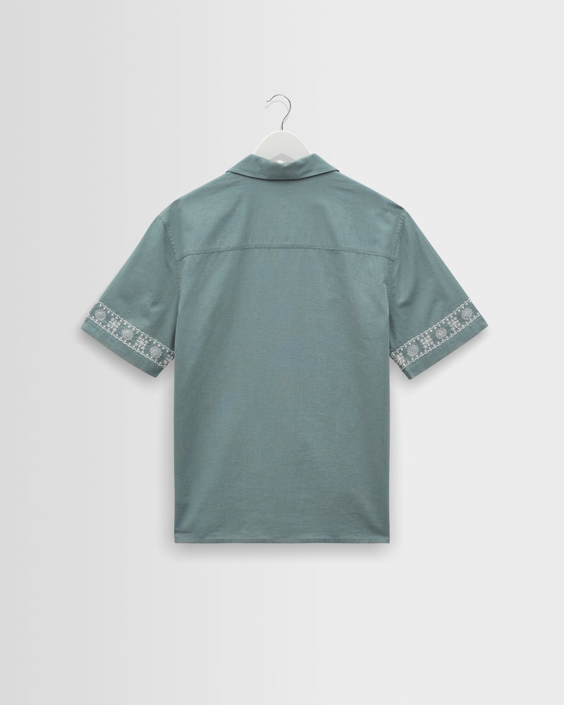 Men's Green And Ecru Embroidered Short-Sleeve Shirt | Wax London