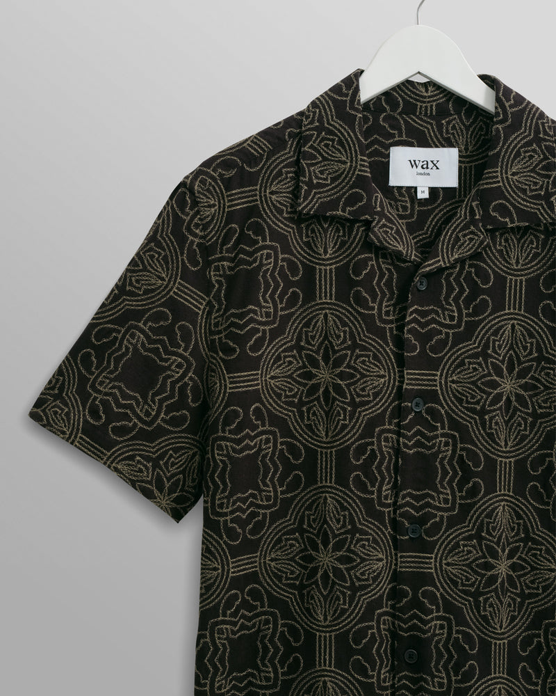 wax london Didcot Shirt Black/Green Tile Stitch