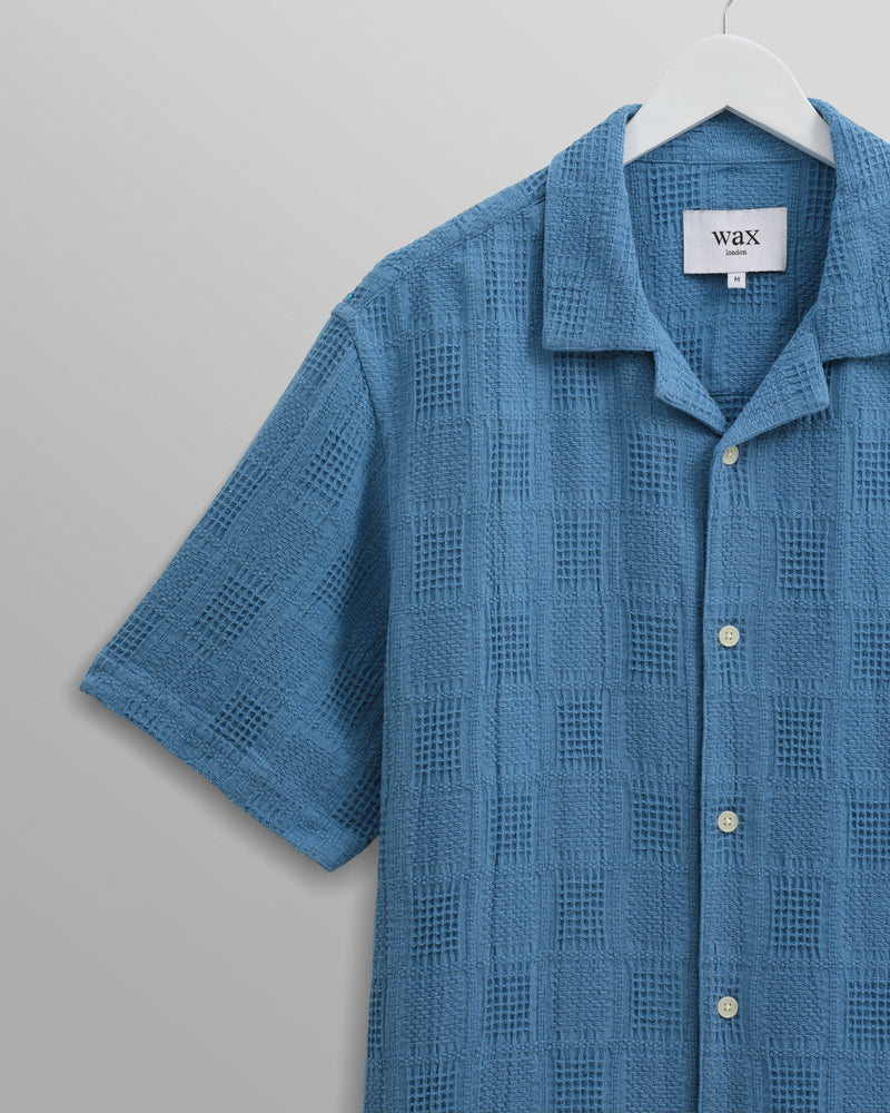 wax london Didcot Shirt Blue Patchwork Waffle