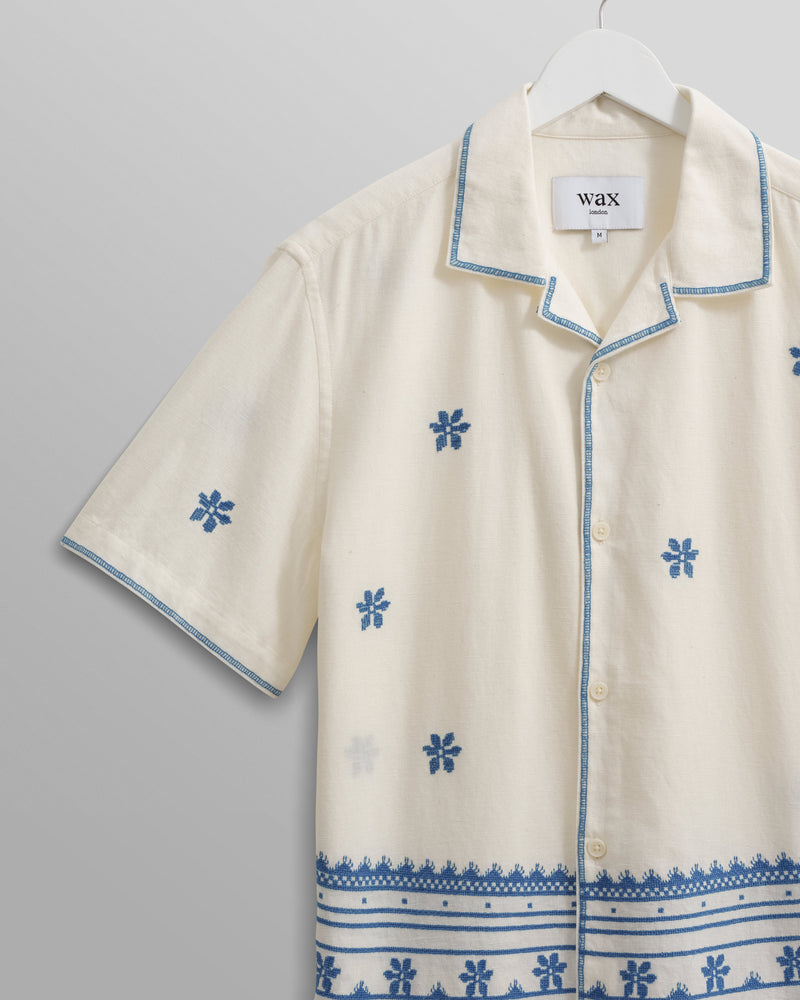 wax london Didcot Shirt Ecru/Blue Daisy Embroidery