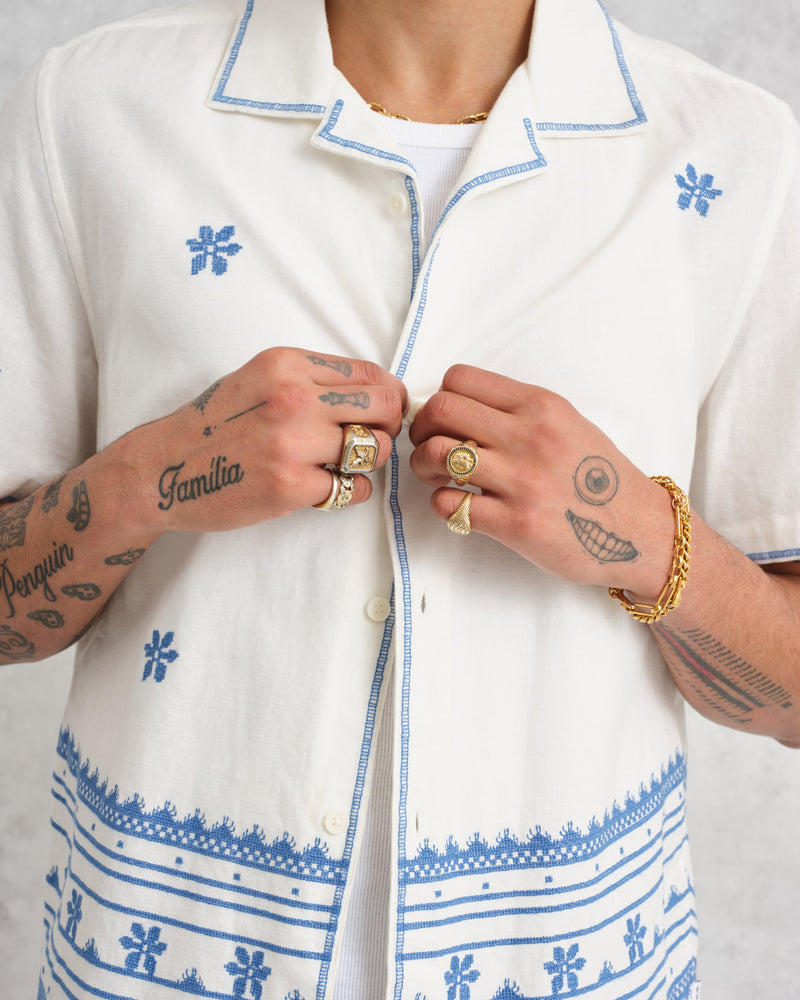 wax london Didcot Shirt Ecru/Blue Daisy Embroidery