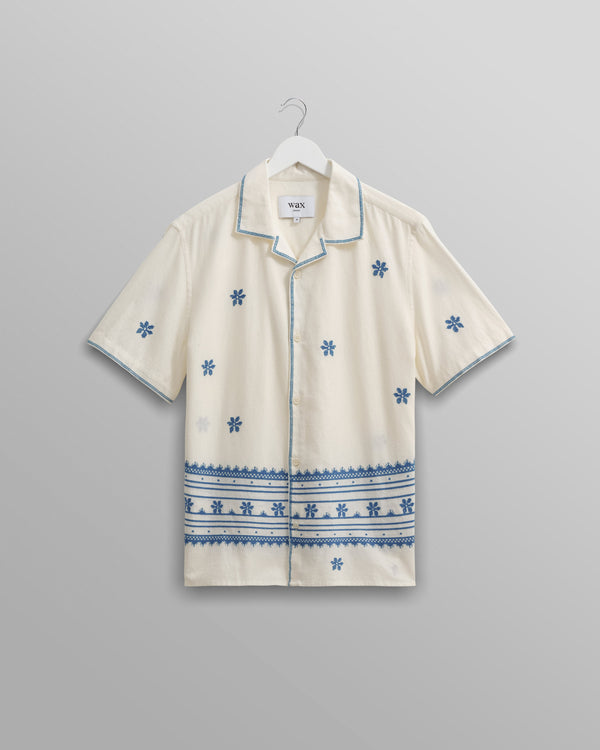 wax london Didcot Shirt Ecru/Blue Daisy Embroidery