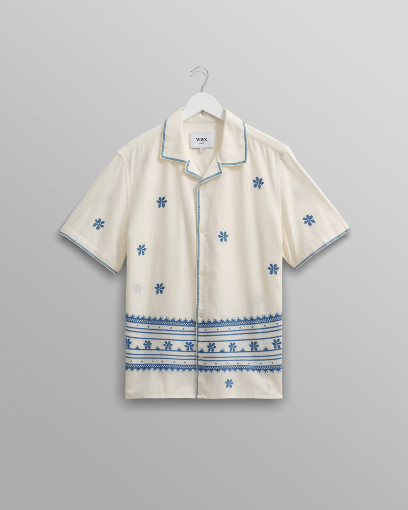 wax london Didcot Shirt Ecru/Blue Daisy Embroidery