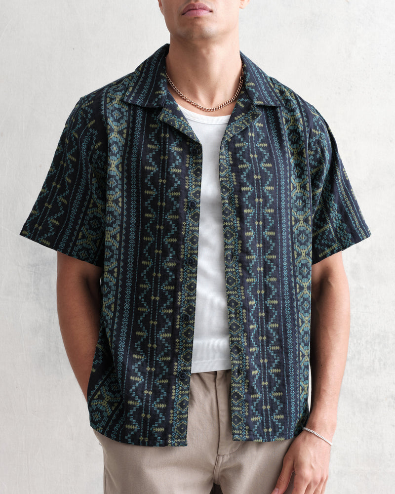 wax london Didcot Shirt Navy/Lime Green Aztec