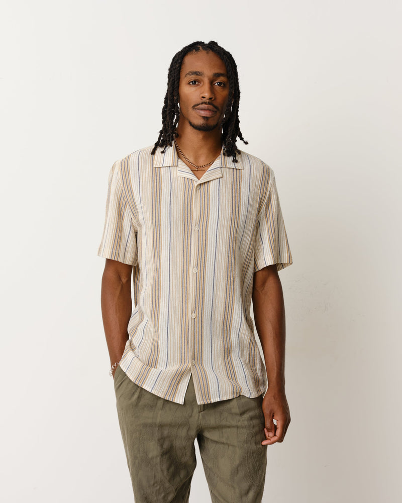 wax london Didcot Shirt Navy/Mustard Crinkle Stripe