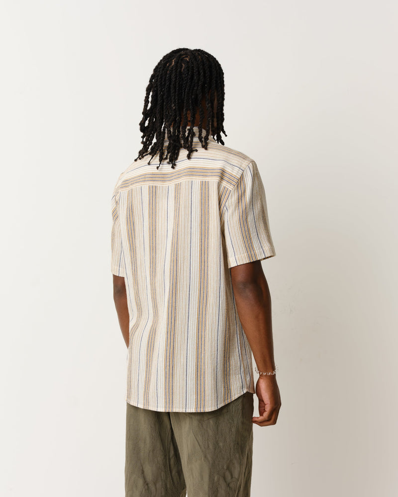 wax london Didcot Shirt Navy/Mustard Crinkle Stripe