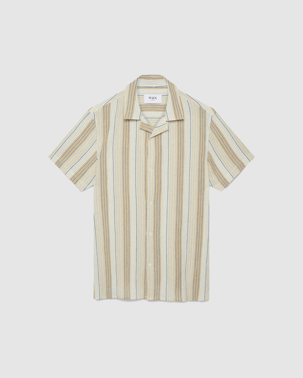 wax london Didcot Shirt Navy/Mustard Crinkle Stripe