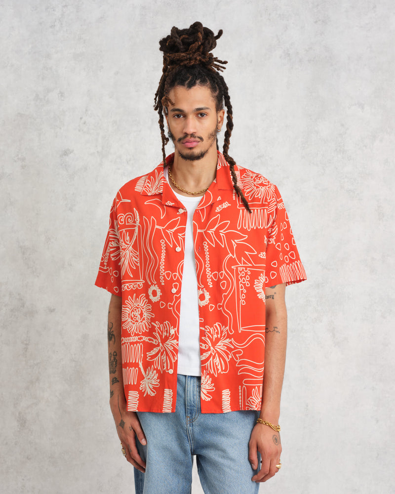 wax london Didcot Shirt Red/Beige Leaf