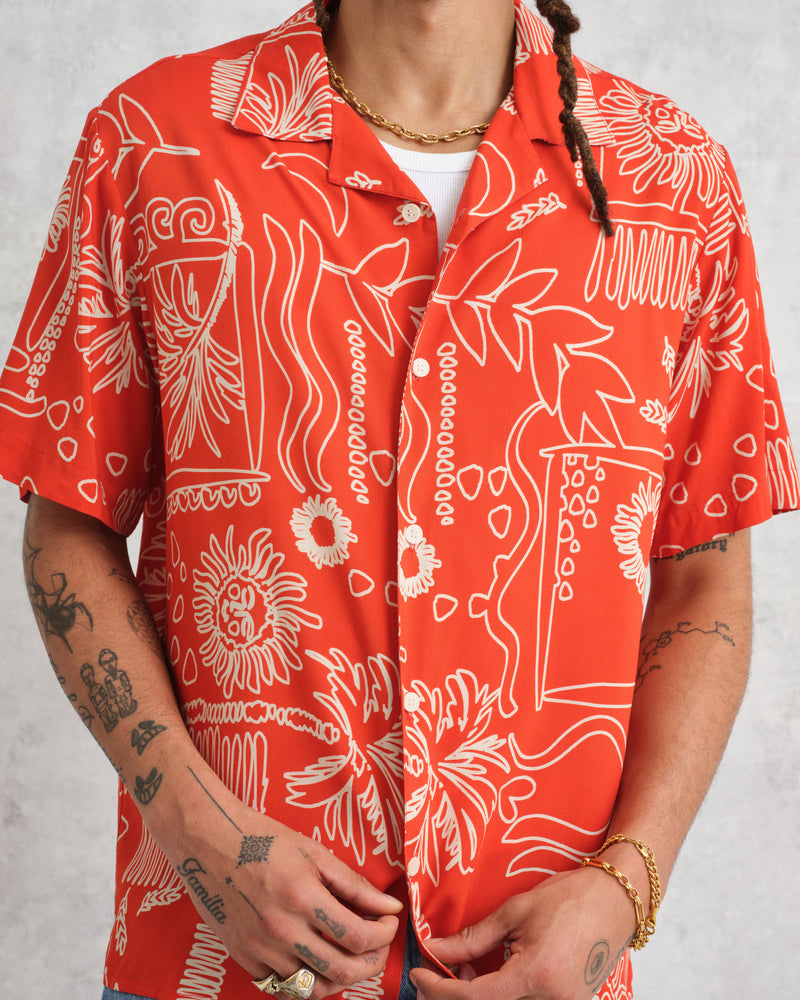 wax london Didcot Shirt Red/Beige Leaf