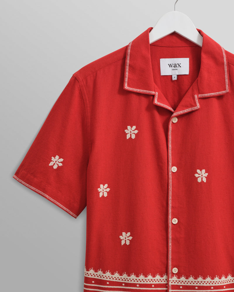 wax london Didcot Shirt Red/Ecru Daisy Embroidery