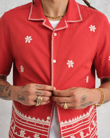 wax london Didcot Shirt Red/Ecru Daisy Embroidery