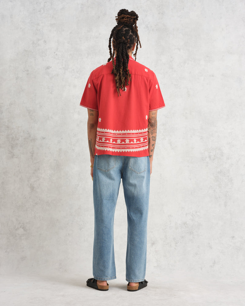 wax london Didcot Shirt Red/Ecru Daisy Embroidery