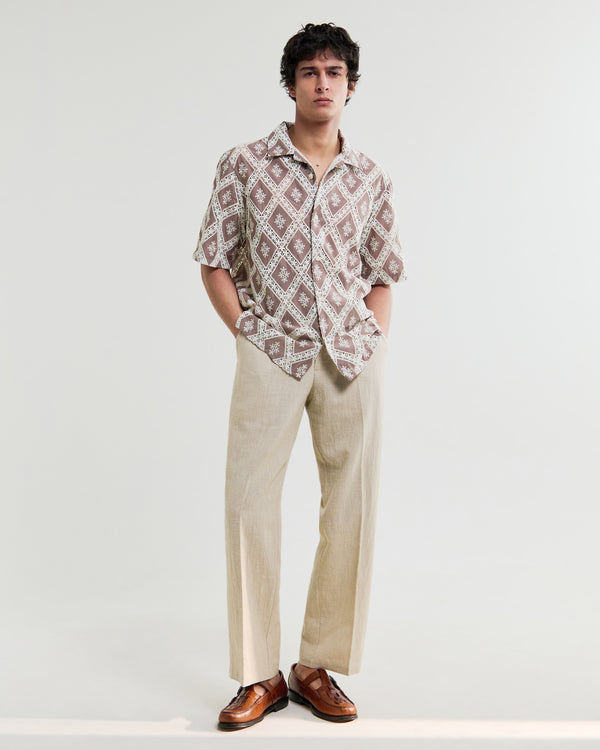 wax london men's Didcot - Taupe And Ecru Diamond Lace Short-Sleeve Shirt