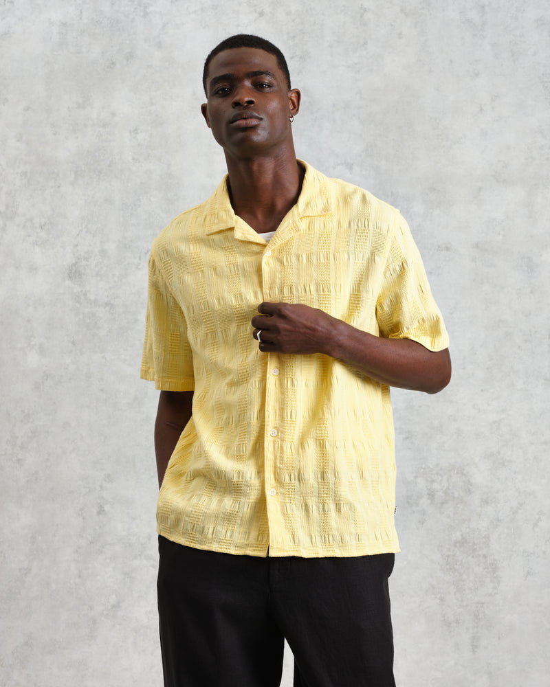 wax london Didcot - Yellow Waffle Seersucker Cotton Short-Sleeve Shirt