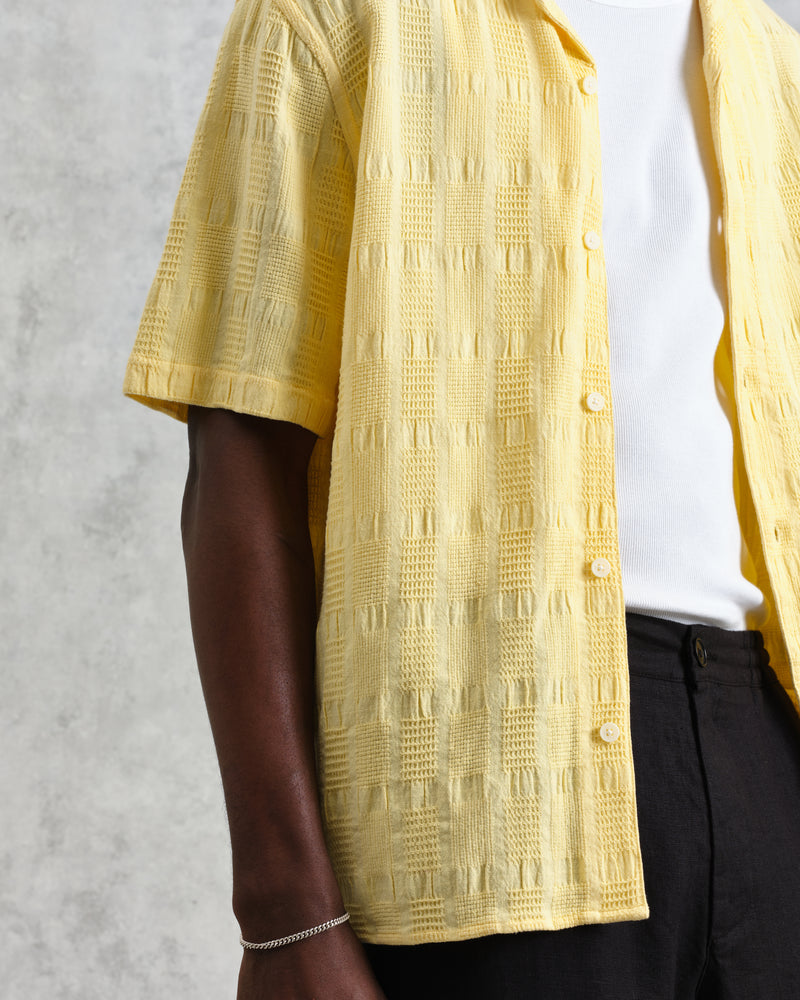 wax london Didcot - Yellow Waffle Seersucker Cotton Short-Sleeve Shirt