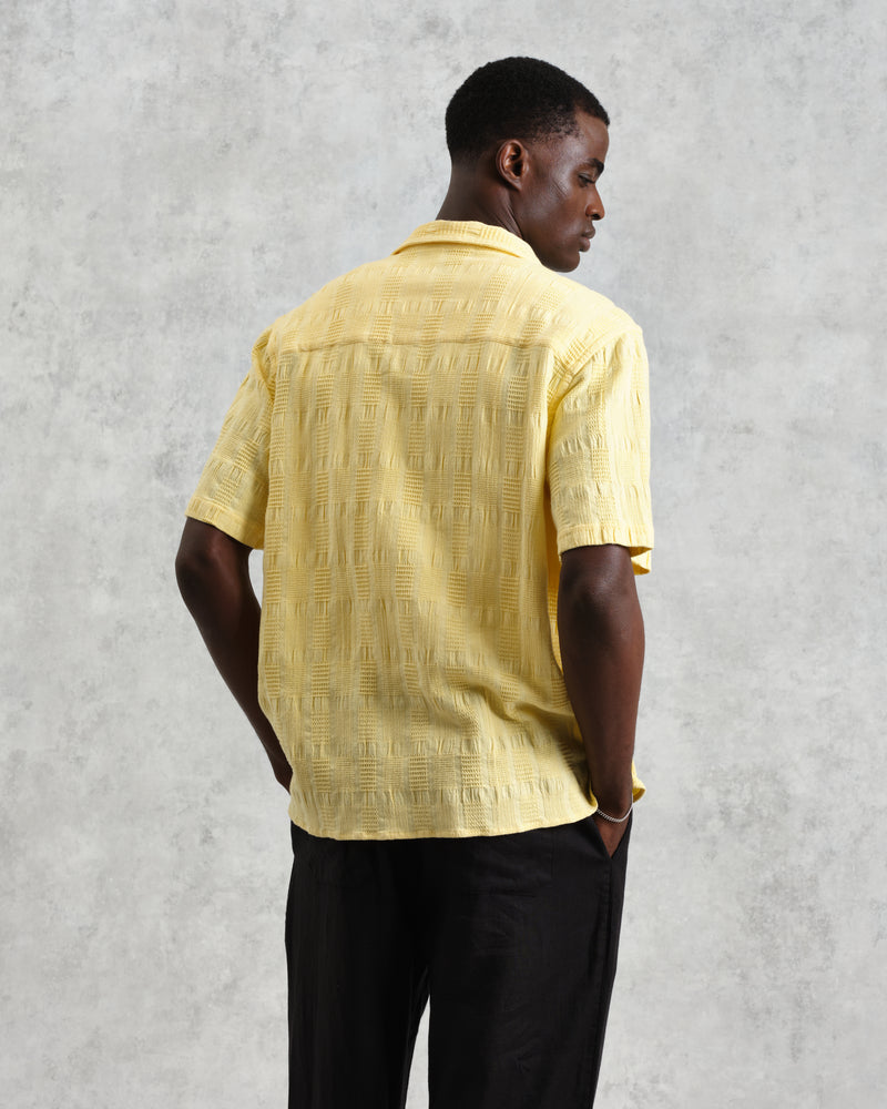wax london Didcot - Yellow Waffle Seersucker Cotton Short-Sleeve Shirt