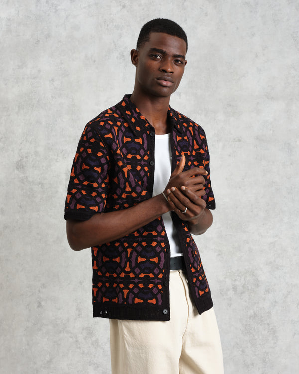 wax london men's Dorset - Black And Multicolour Crochet Knitted Polo Shirt