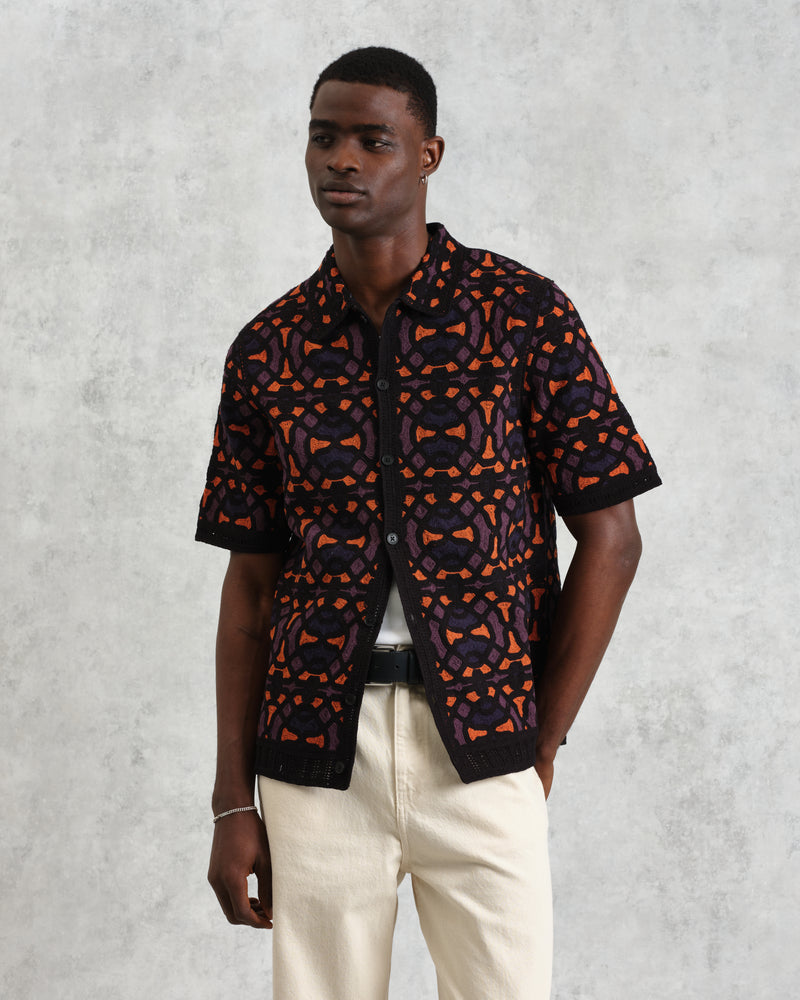 wax london Dorset - Black And Multicolour Crochet Knitted Polo Shirt