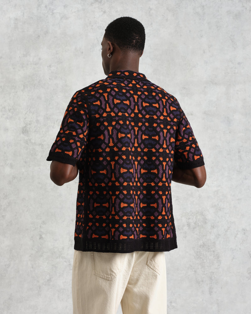 wax london Dorset - Black And Multicolour Crochet Knitted Polo Shirt