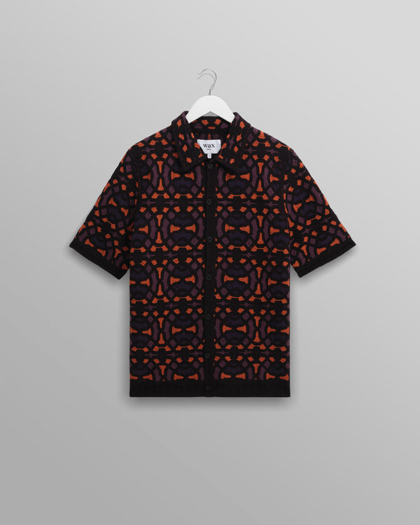 wax london men's Dorset - Black And Multicolour Crochet Knitted Polo Shirt