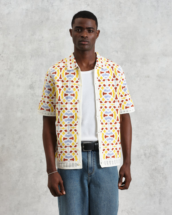 wax london men's Dorset - Ecru And Multicolour Crochet Knitted Polo Shirt