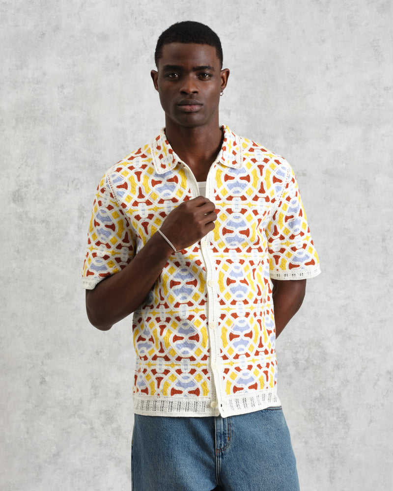 wax london Dorset - Ecru And Multicolour Crochet Knitted Polo Shirt