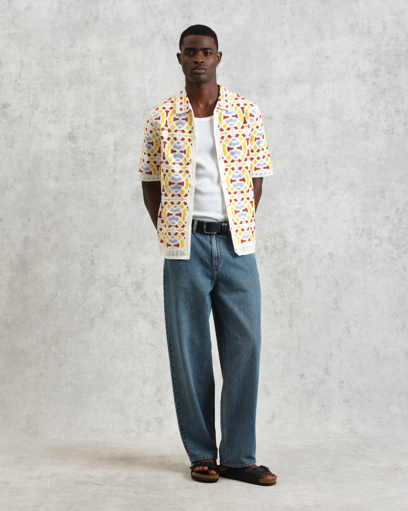 wax london Dorset - Ecru And Multicolour Crochet Knitted Polo Shirt
