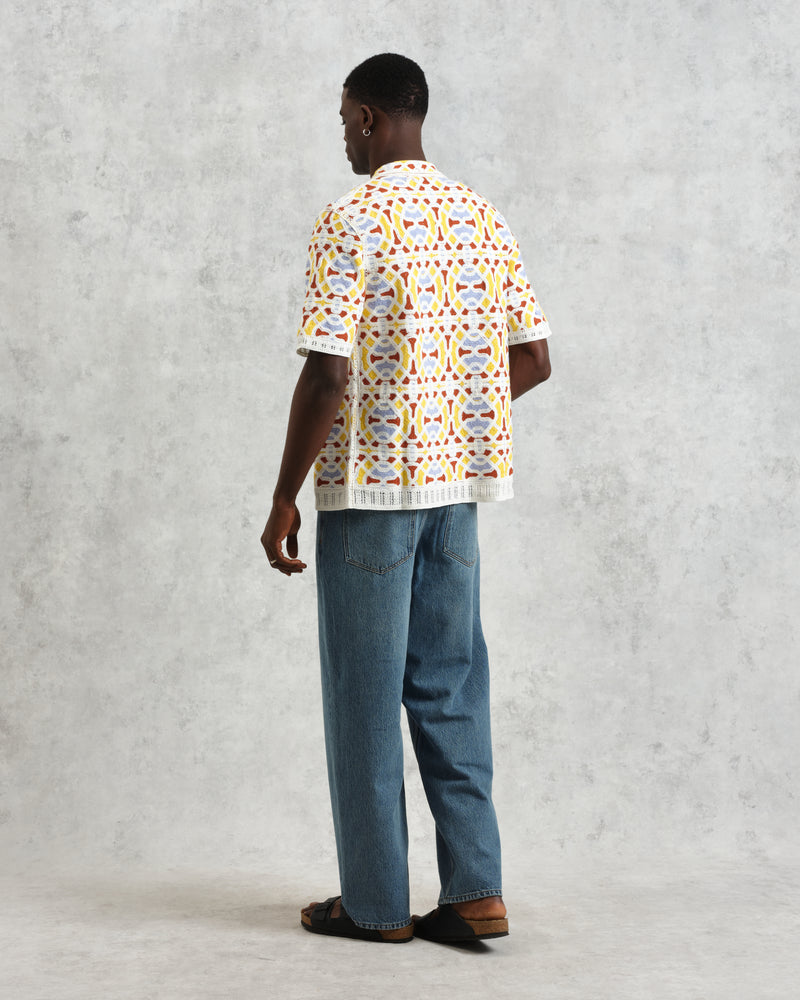 wax london Dorset - Ecru And Multicolour Crochet Knitted Polo Shirt