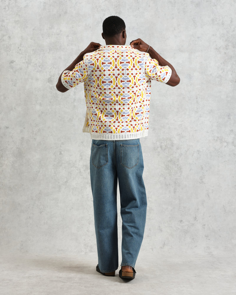 wax london Dorset - Ecru And Multicolour Crochet Knitted Polo Shirt
